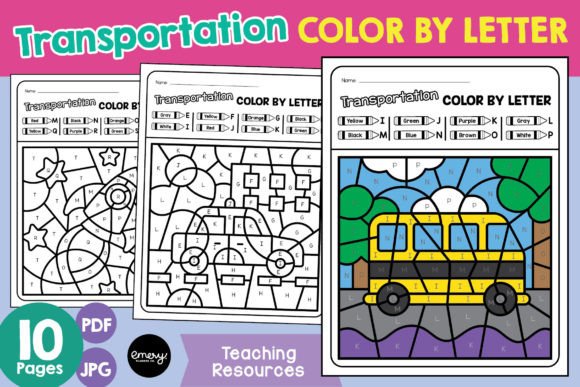 Transportation Color by Letter: Beyond the Alphabet Worksheet